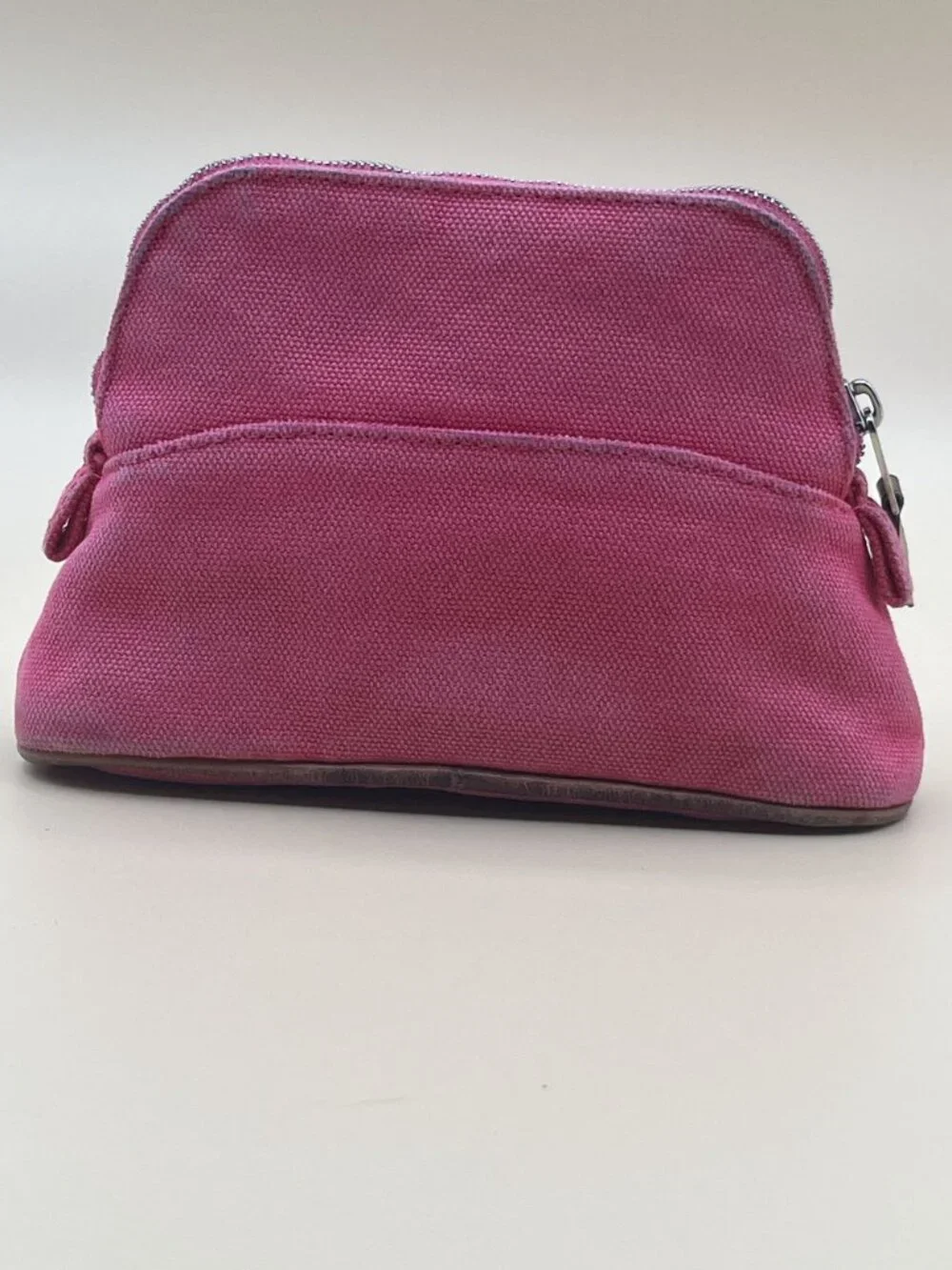 Hermes Cosmetic Pouch Pink-Red Canvas Zip Trousse Case Orange Lining Made in Fra